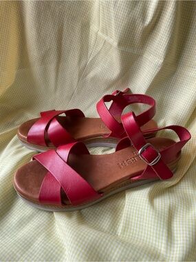 Women's Red Cross-Strap Leather Ankle Buckle Sandals made in Spain